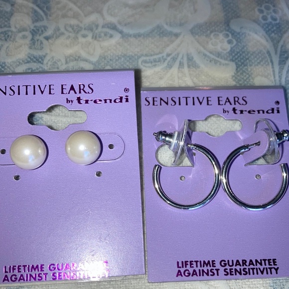 SENSITIVE EARS- TRENDI Jewelry - NWOT 2 pr. TRENDI sensitive ears  pierced ear. st, 1 w/ pearl, 1 sm hoop $22